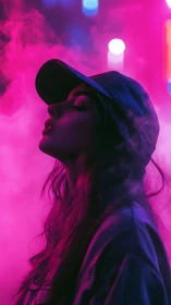 Neon backlit female profile in volumetric magenta fog field.