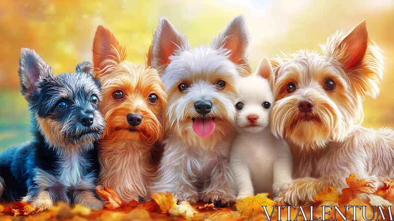 Digital painting of terrier puppies in warm autumn portrait.