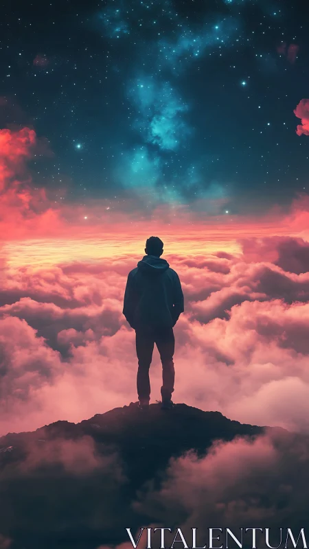 Solitary figure stands above clouds below star-filled sky