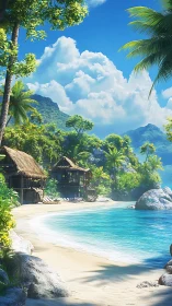 Tropical beach sanctuary with thatched bungalow and mountain backdrop.