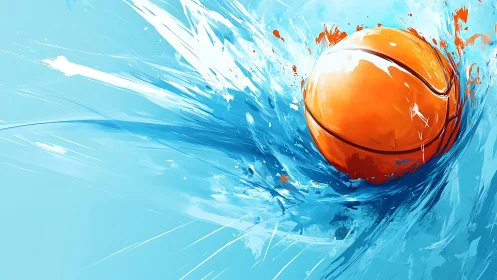 Orange basketball bursts through abstract blue splashes.