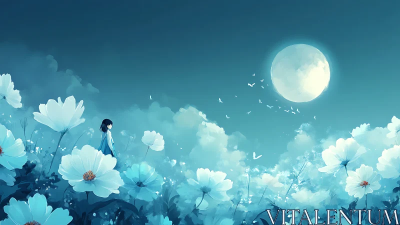 Girl stands in moonlit flower field under deep blue sky