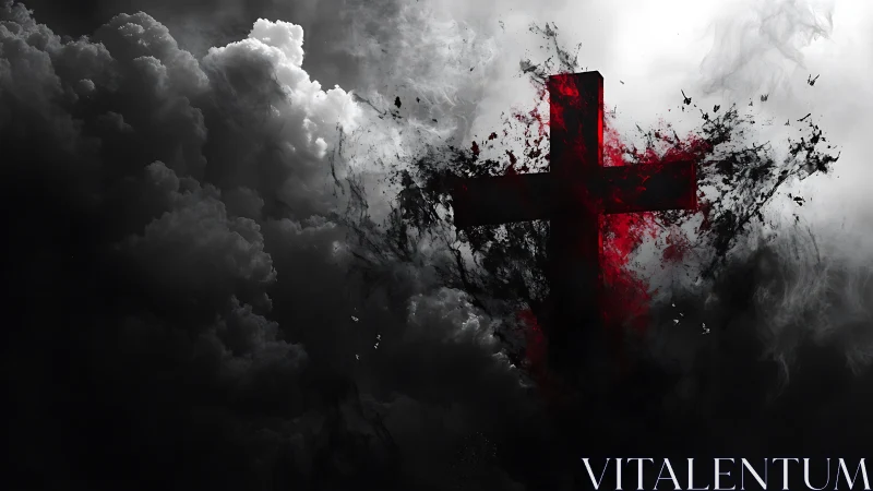Red cross silhouette dissolves into dark smoke clouds