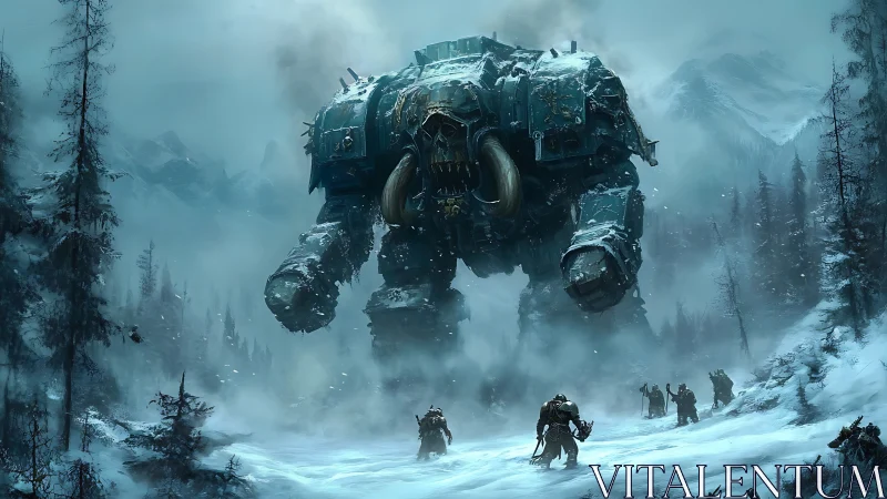 Colossal war mech advances through glacial conifer forest