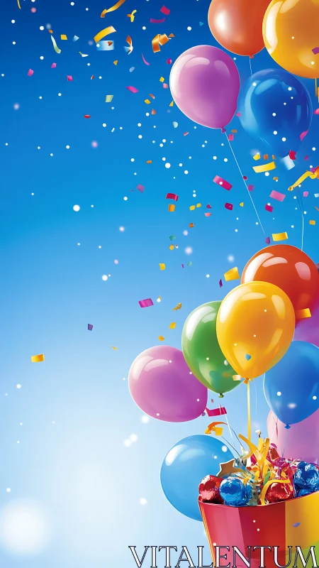 Balloons and Confetti Against Blue Sky.