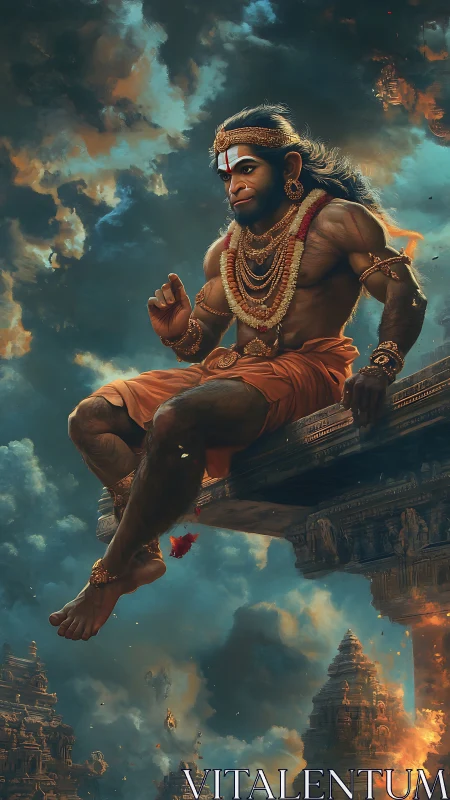 Colossal simian deity over incendiary temple skyline.