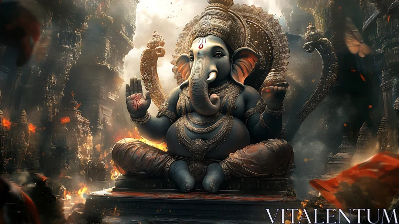 Elephant-headed deity amid fractalized temple inferno tableau.