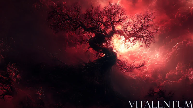 Twisted dark tree against fiery red storm sky.