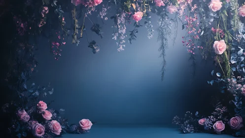 Midnight Garden Theater: Cascading Pink Roses Against Azure Reverie.