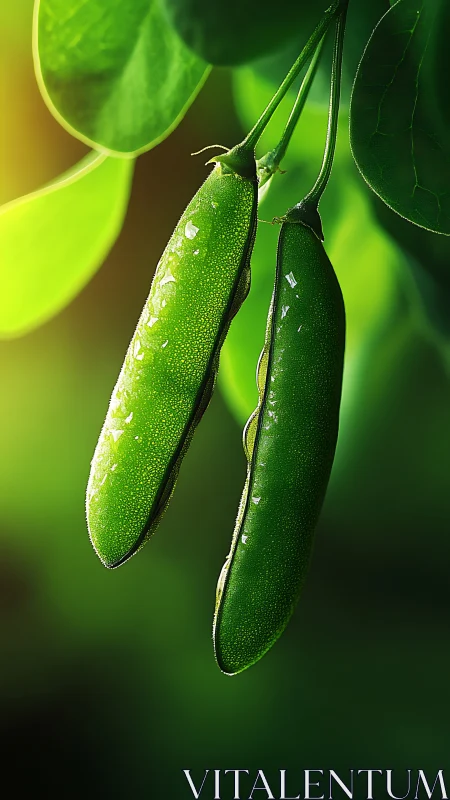 Green pea pods hang vertically with water droplets visible