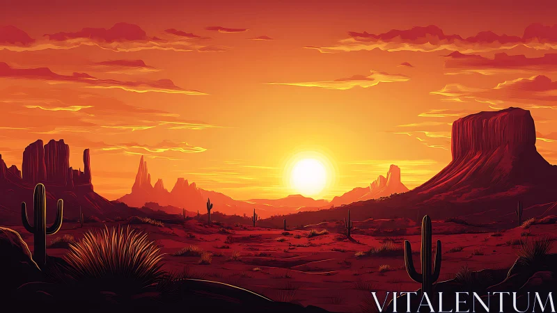 Fiery desert sunset bathes sculpted mesas in glowing silence
