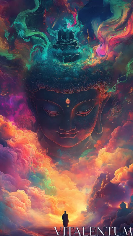 Monk walks toward colossal ethereal Buddha in luminous nebula sky