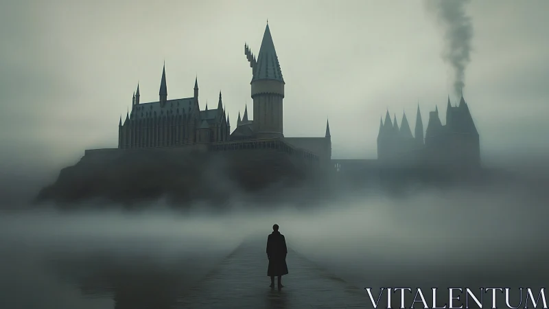 Solitary figure before large fog-shrouded cliffside castle.