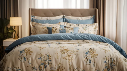 Floral duvet set elevates modern bedroom with soft blue accents