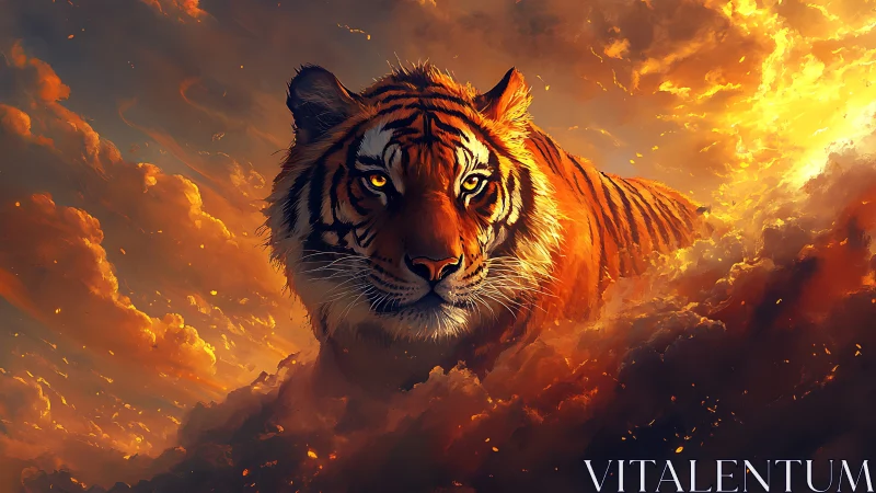 Solarstorm tiger strides through molten clouds at twilight