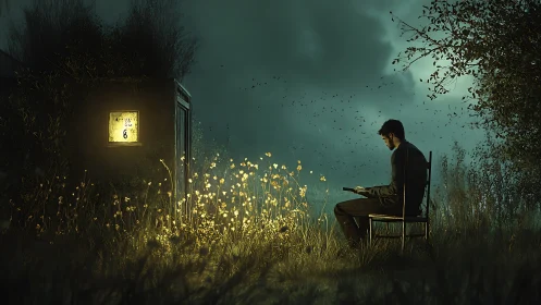 Midnight reader in a glowing field of whispered stories.