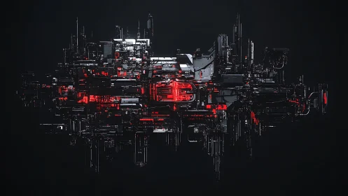 Futuristic red and black cybernetic structure on black.