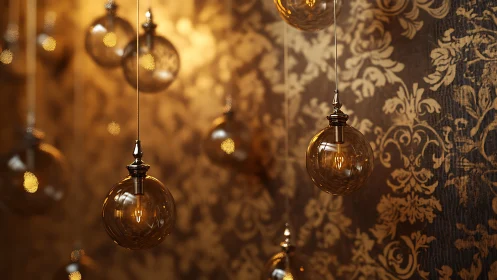 Golden glass pendants glowing against patterned wallpaper.