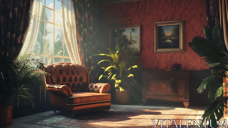 Sunlit vintage reading nook with a cozy leather armchair.