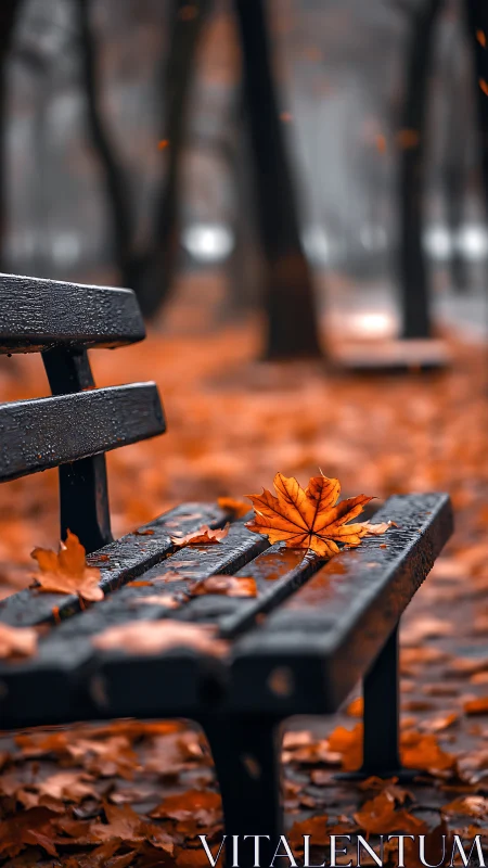 Autumn leaf on wet park bench in shallow focus scene.