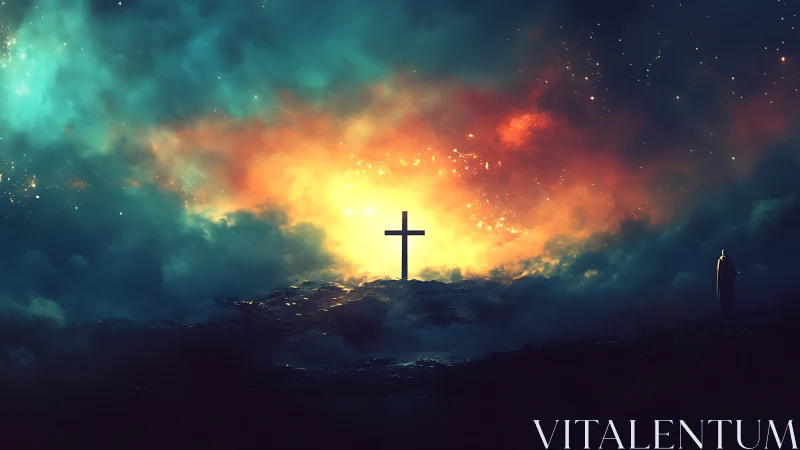 Central cross stands before luminous cloud and distant figure