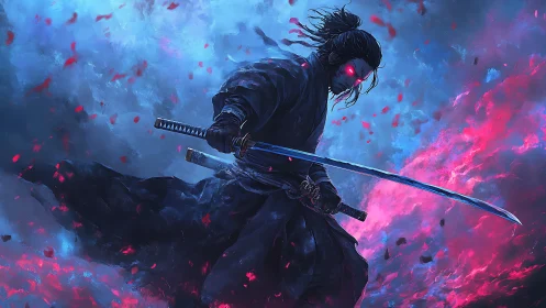 Cybernetic ronin with glowing katana amid neon stormfield