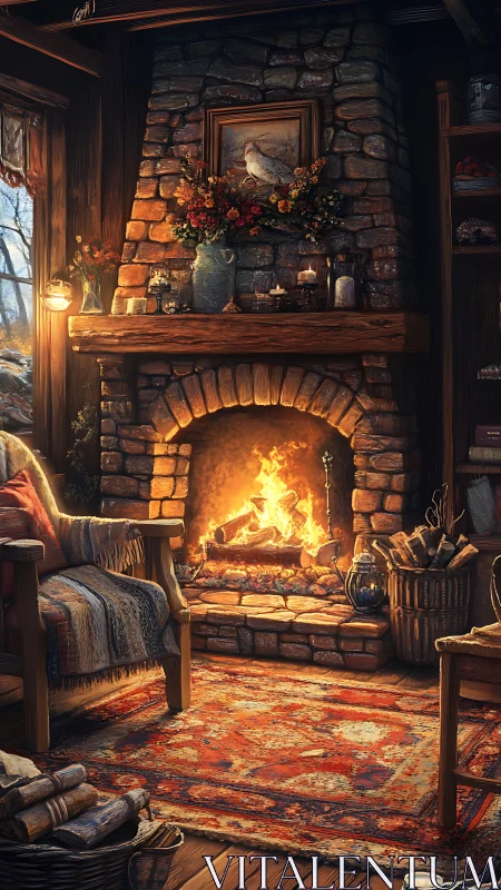Stone fireplace warms rustic cabin with glowing fire