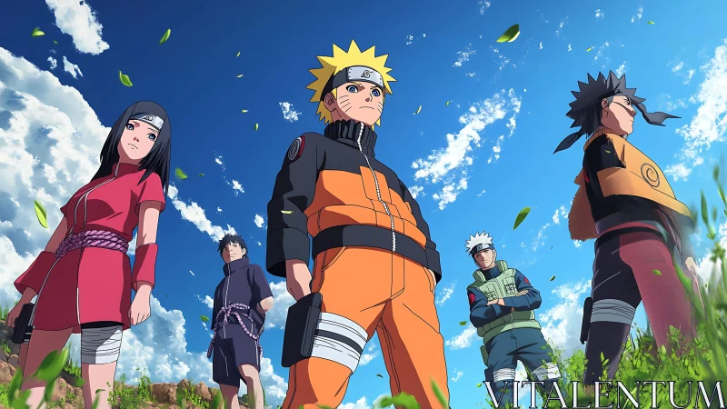 Anime heroes stand united beneath a vivid summer sky