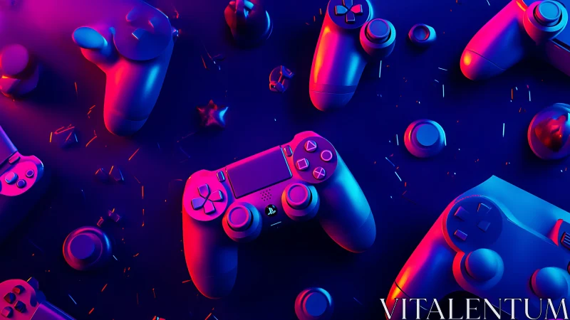 Neon game controllers glow against a vivid cyber gaming backdrop