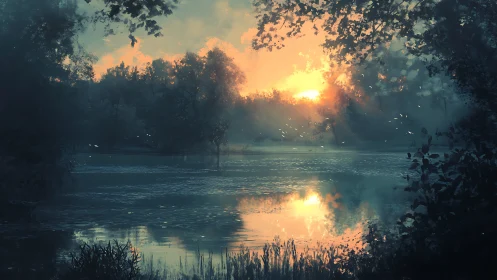 Sunset light over quiet forest lake with reflections.