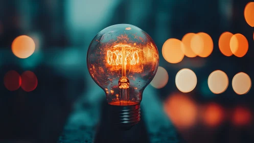 Glowing light bulb on city street with blurred bokeh lights.