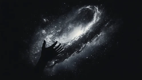Hand reaching toward glowing spiral galaxy in deep space.