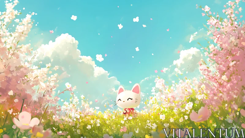 Blossom-bright lucky cat dreaming under sugar-sky clouds.
