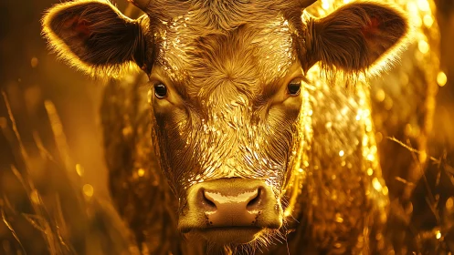 Golden-toned cow portrait in close frontal field view.