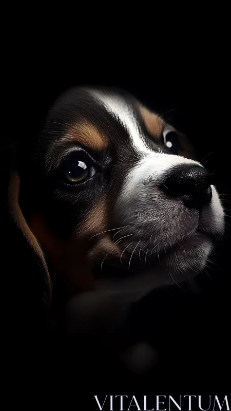 Close-up portrait of beagle puppy head on dark background.