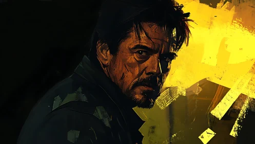 Brooding man in golden light with bold painterly shadows.