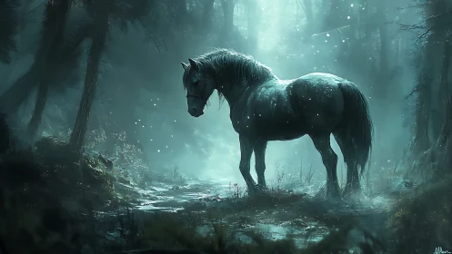 Moonlit forest horse pauses quietly in soft blue mist
