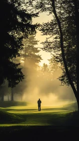 Golfer standing on misty fairway at sunrise in forested course.