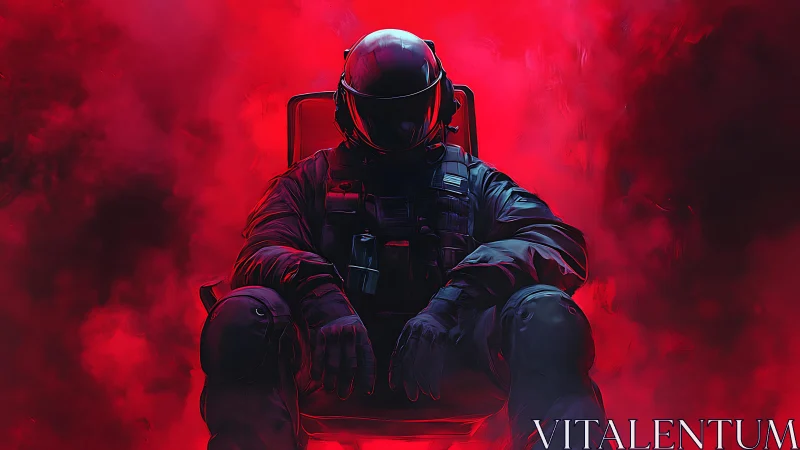 Armored soldier sits in crimson smoke-filled void.