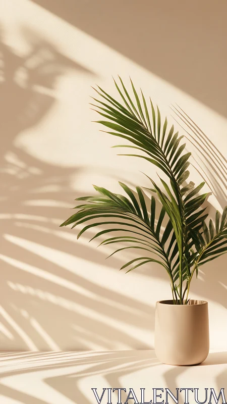 Potted palm plant casting elongated shadows on wall.