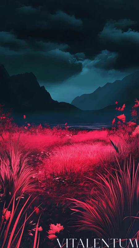 Crimson meadow glows beneath brooding midnight mountainscape.