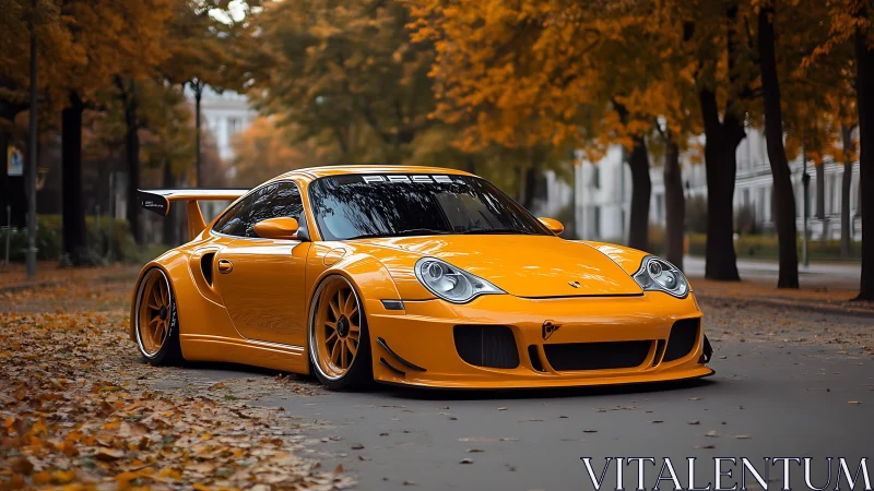 Orange widebody sports car on autumn city avenue at dusk.