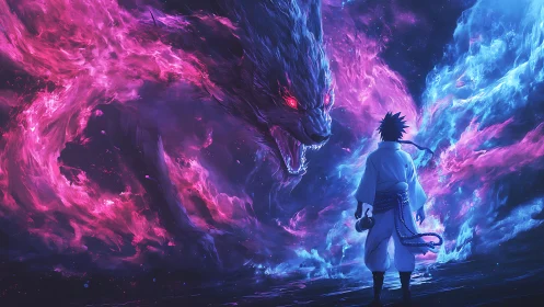 Celestial swordsman confronts colossal neon spirit beast.