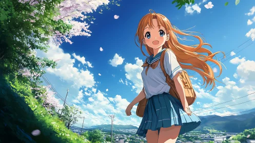 Springtime hillside walk with smiling anime schoolgirl under blue sky.
