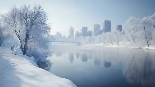 Snow-laden riverside corridor frames soft-focus modern skyline reflections
