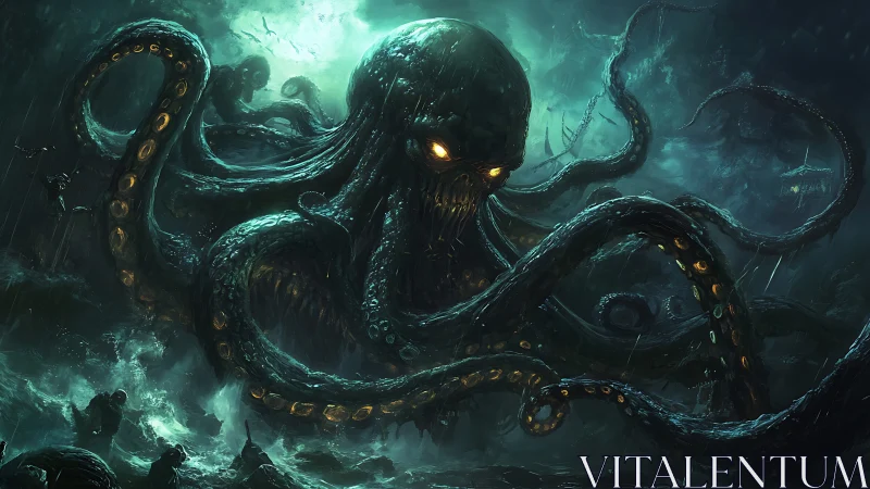 Gigantic sea monster with glowing eyes attacks stormy ships