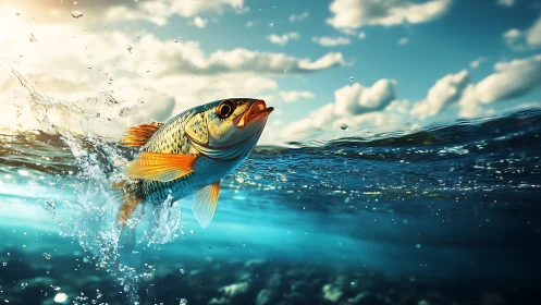 Leaping fish breaks ocean surface under bright afternoon sky