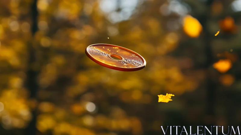 Autumn frisbee soaring gently through golden fall leaves.