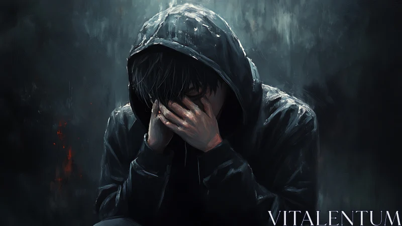 Quiet moment of sorrow in a rain-soaked hooded night.