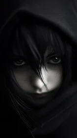 Hooded dark haired figure with intense shadowed stare.